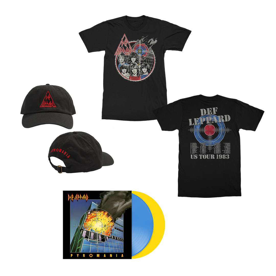 Pyromania 40: Exclusive Colour 2LP + Pyro Bullseye US Tour 1983 T-Shirt + Stagefright Dad Hat
